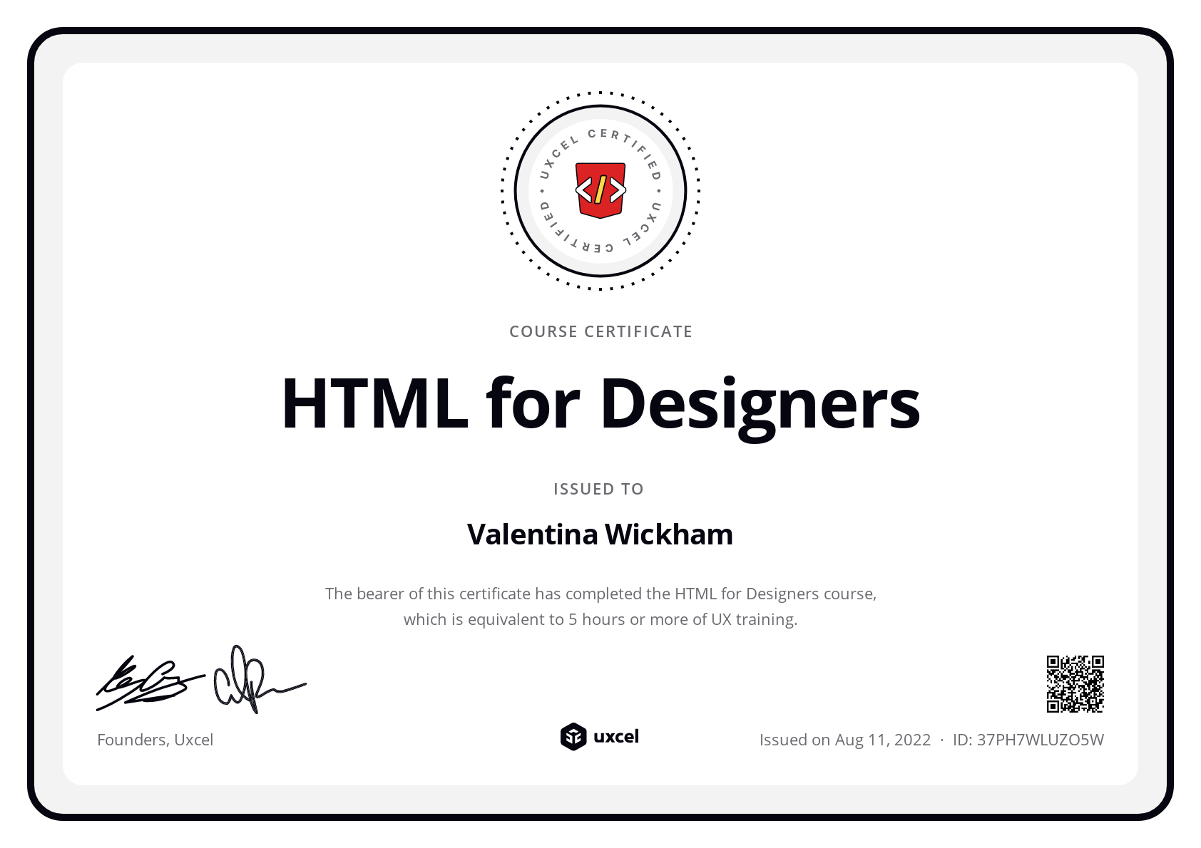 Valentina Wickham's certificate